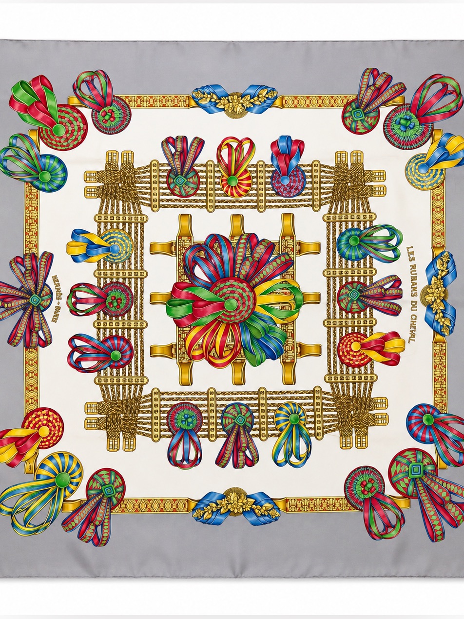 Hermes Silk Scarf Carre 90 Les Rubans Du Cheval Grays Hand Rolled Made In France